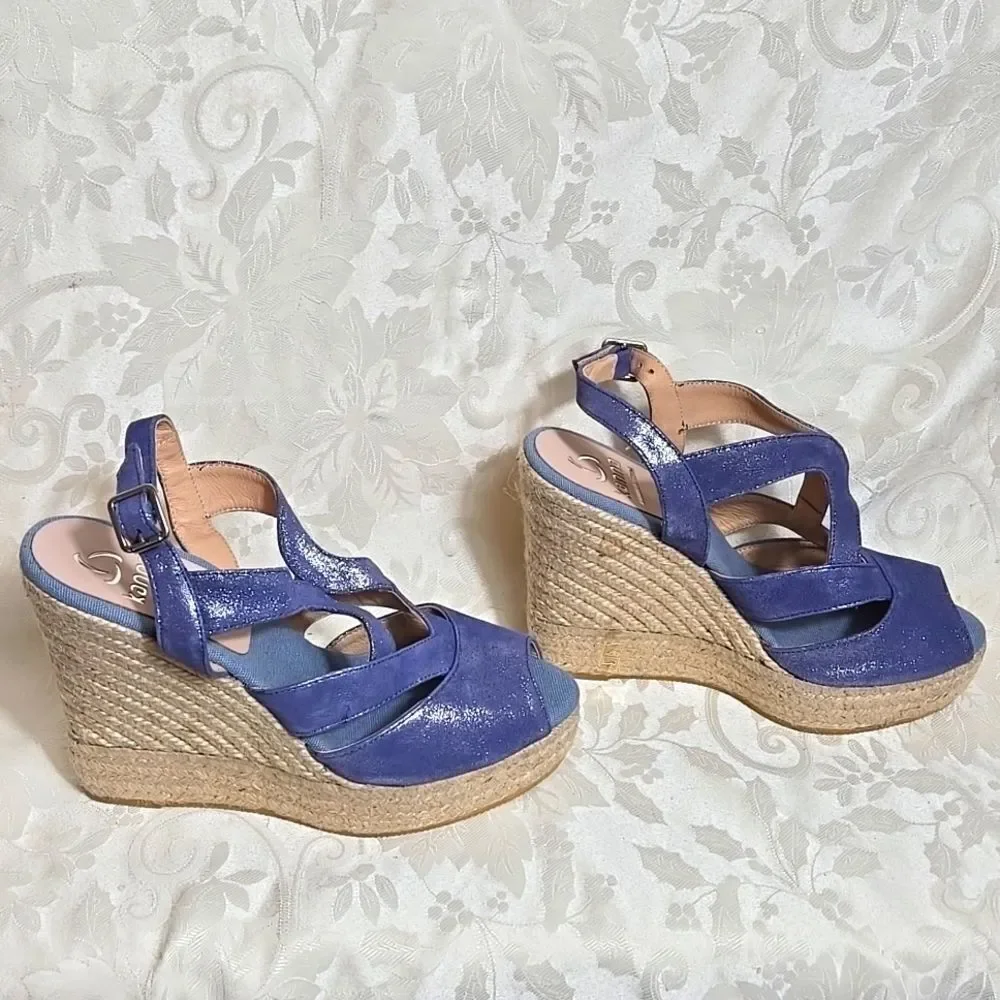 Kanna Women's Blue Leather Wedge Peep Toe Sandals